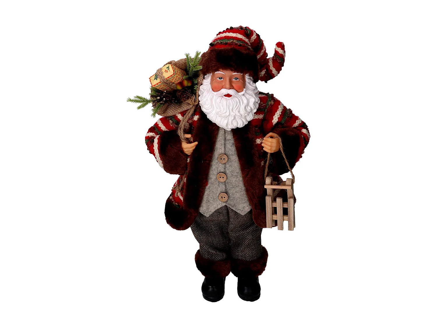 Babbo natale tessuto marrone e rosso con slittino cmh45