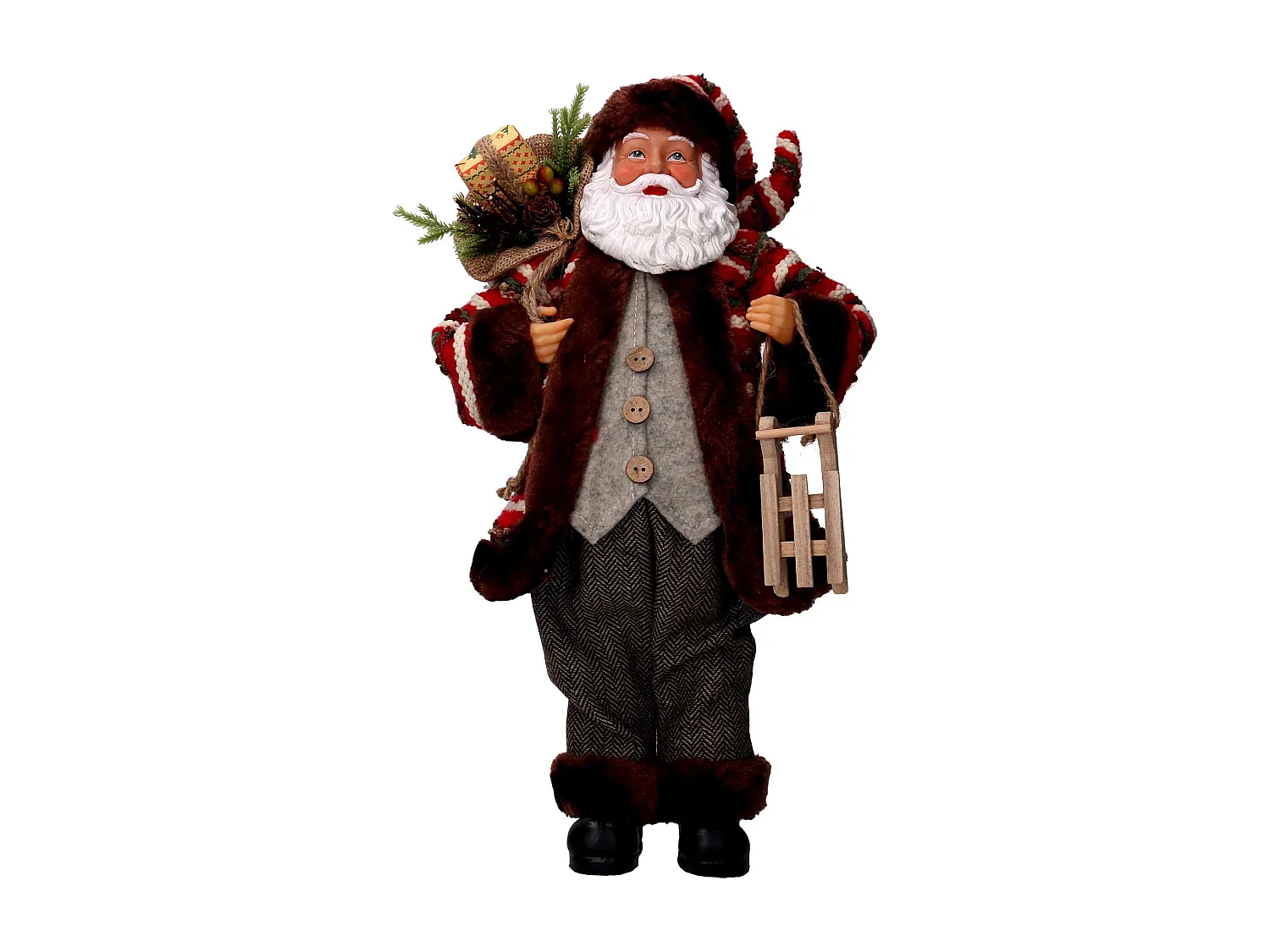 Babbo natale tessuto marrone e rosso con slittino cmh45