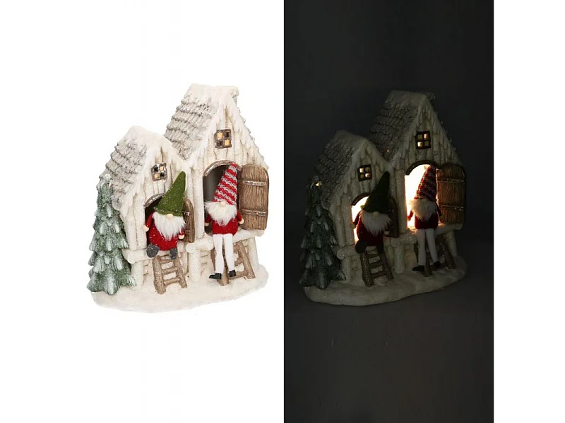 Casetta resina bianco con led e gnomi cm 40x23h44