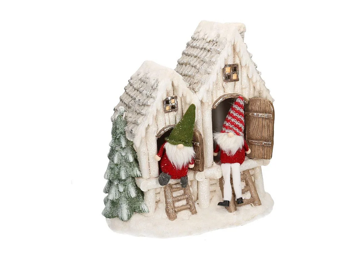 Casetta resina bianco con led e gnomi cm 40x23h44