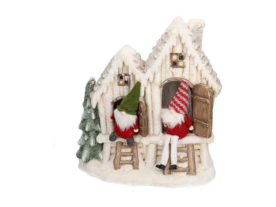 Casetta resina bianco con led e gnomi cm 40x23h44