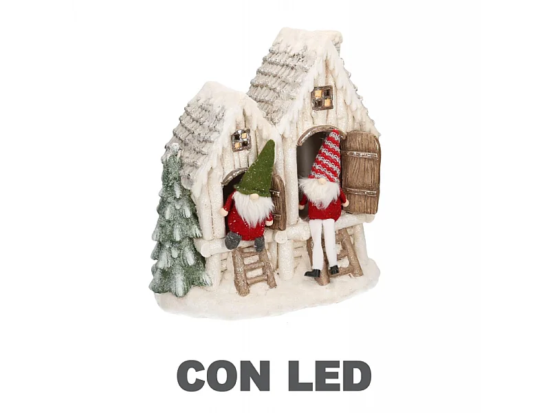 Casetta resina bianco con led e gnomi cm 40x23h44