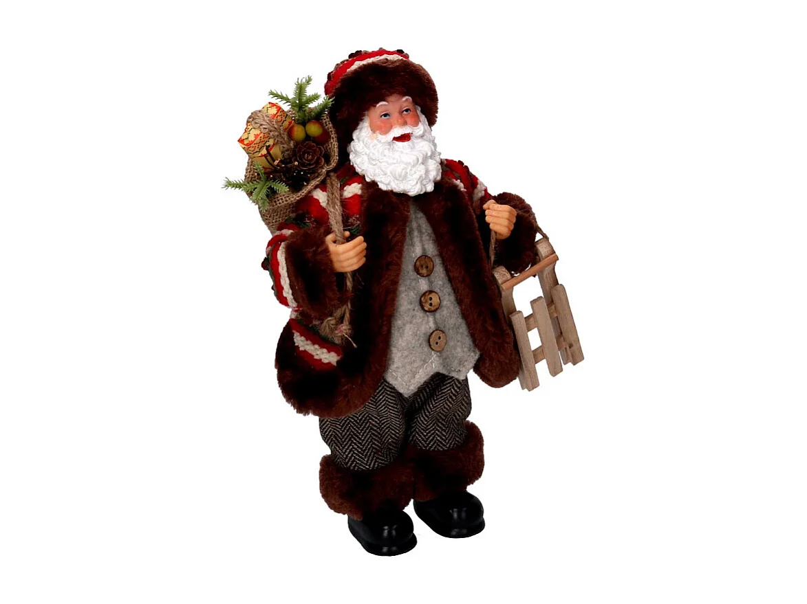 Babbo natale tessuto marrone e rosso con slittino cmh30