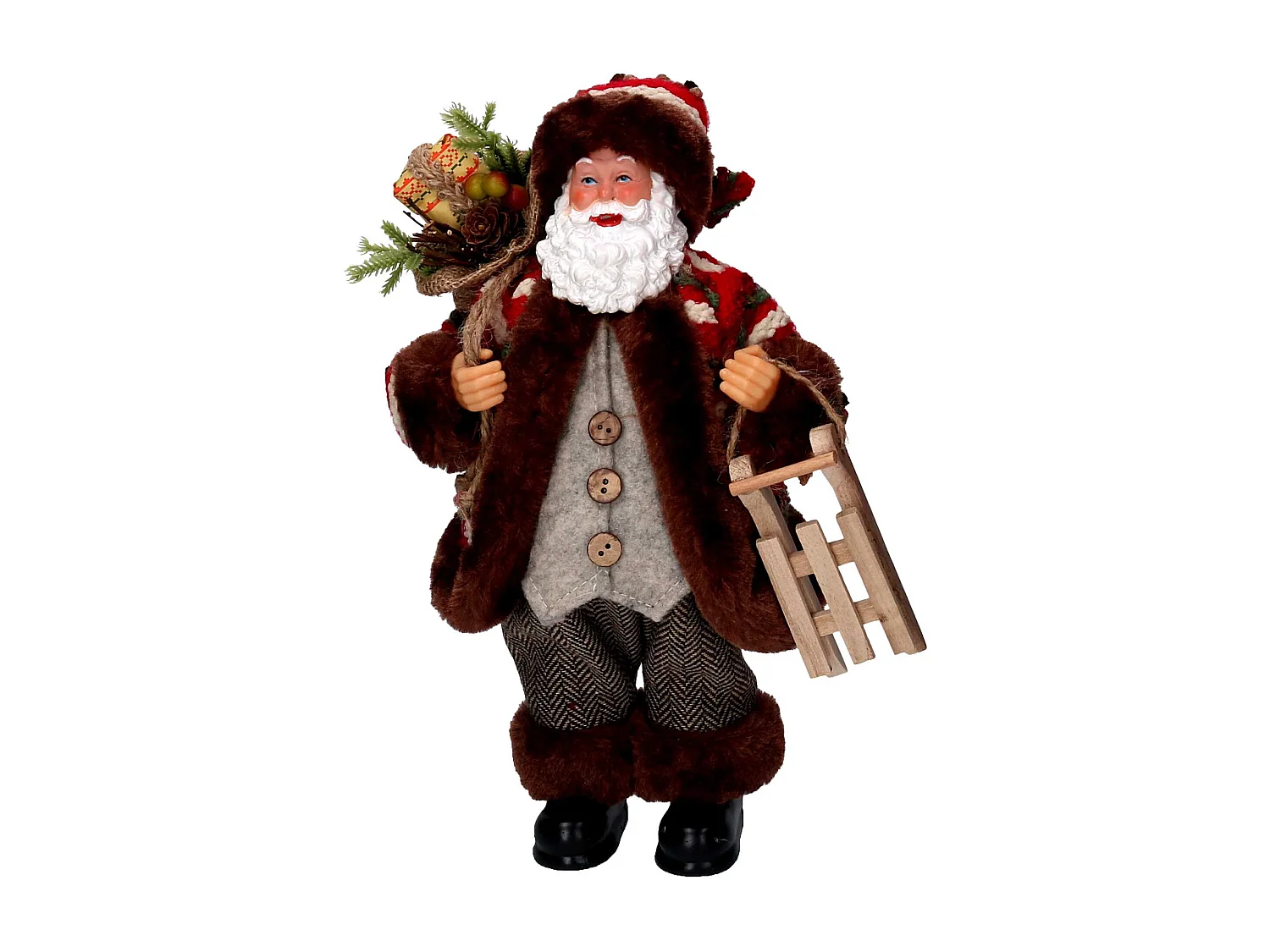 Babbo natale tessuto marrone e rosso con slittino cmh30