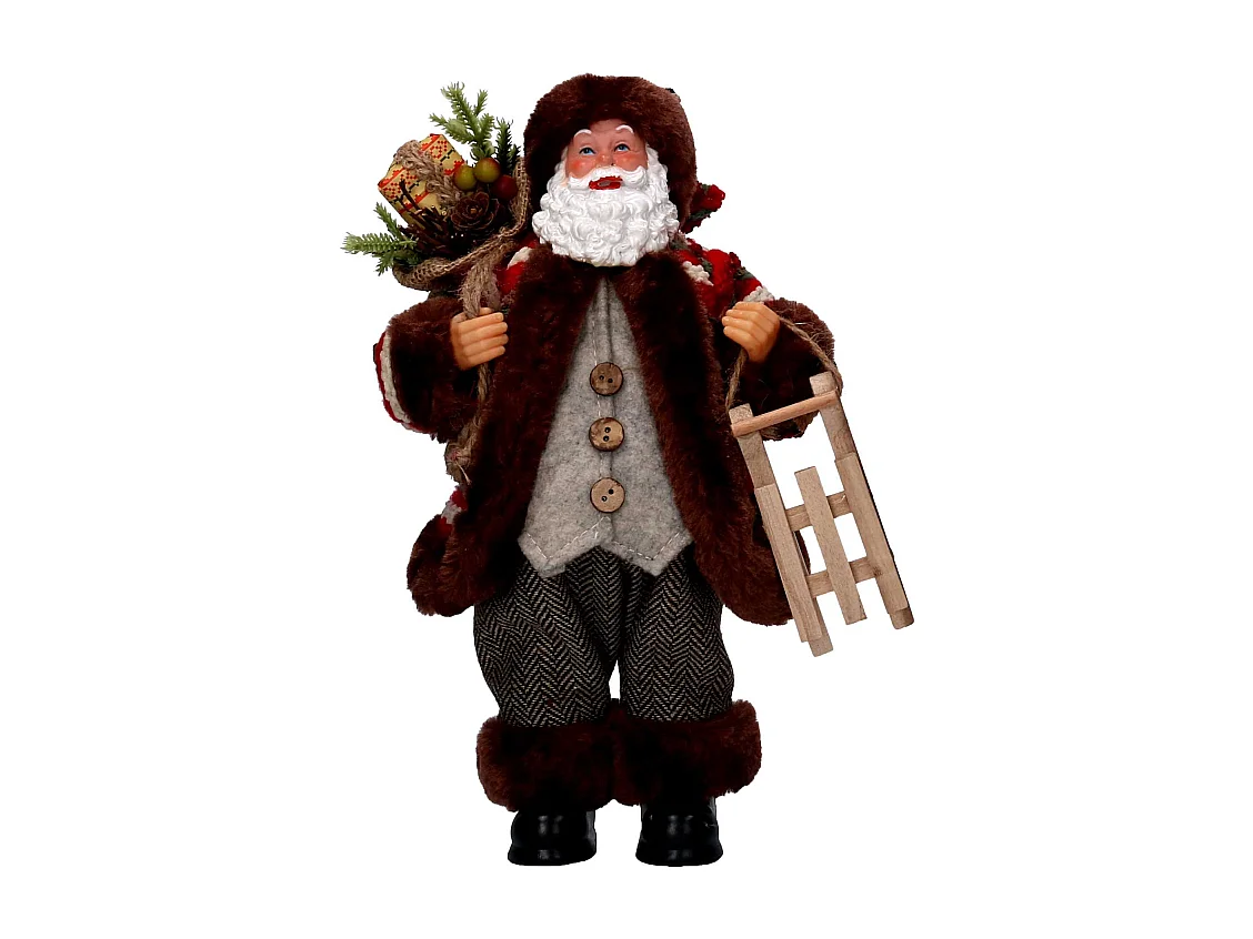 Babbo natale tessuto marrone e rosso con slittino cmh30