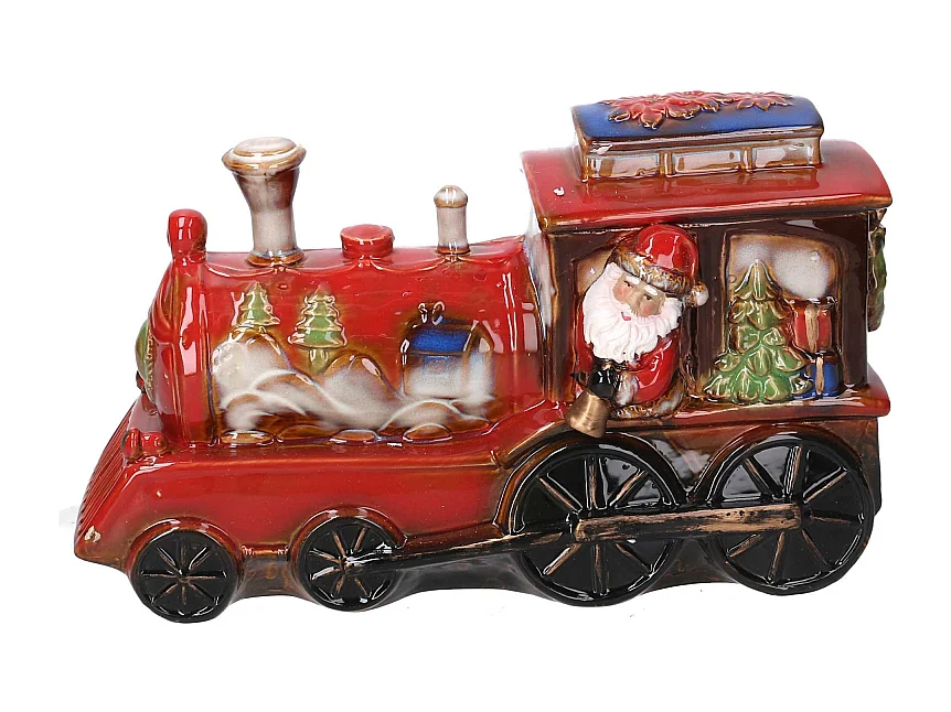 Babbo natale ceramica su trenino rosso cm 35x14h22