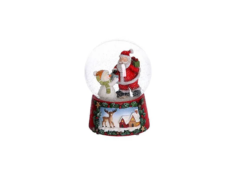 Palla di vetro con carillon babbo e pupazzo rosso cm 10x10h14,5