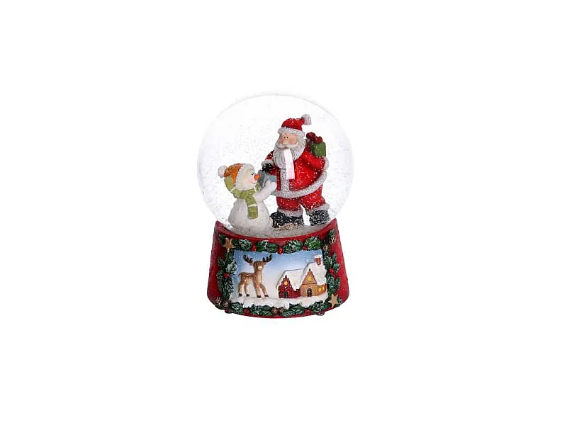 Palla di vetro con carillon babbo e pupazzo rosso cm 10x10h14,5