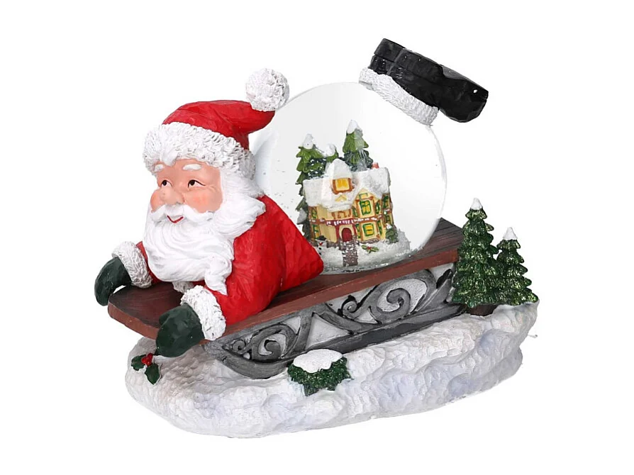Palla di vetro led resina babbo natale slitta con musica cm 19,5x12,5h18