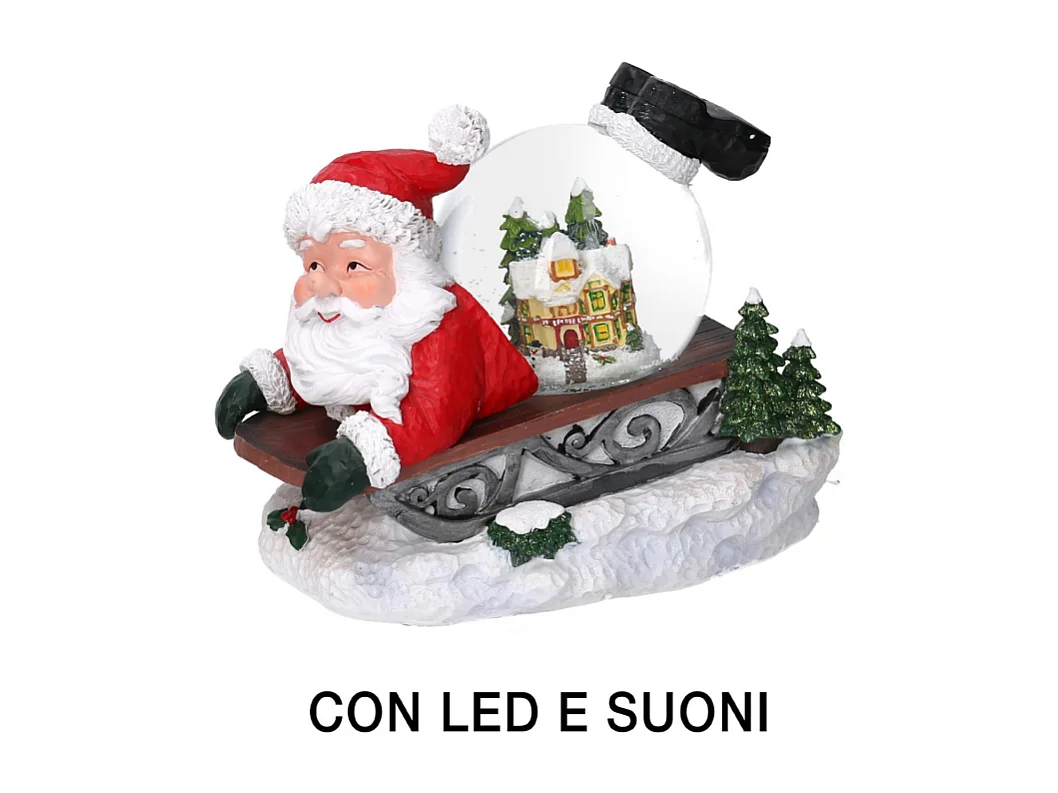 Palla di vetro led resina babbo natale slitta con musica cm 19,5x12,5h18