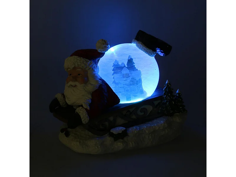 Palla di vetro led resina babbo natale slitta con musica cm 19,5x12,5h18