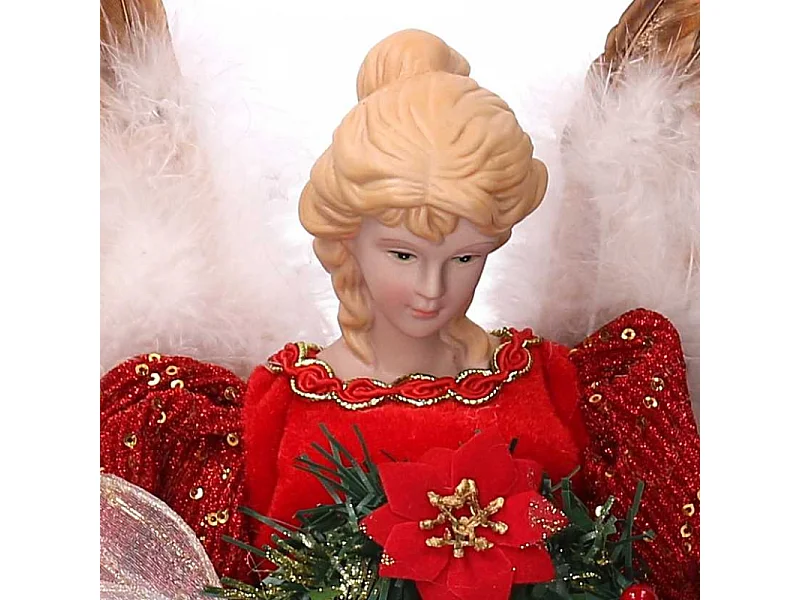 Puntale tessuto angelo con ghirlanda rosso cm ø26h40