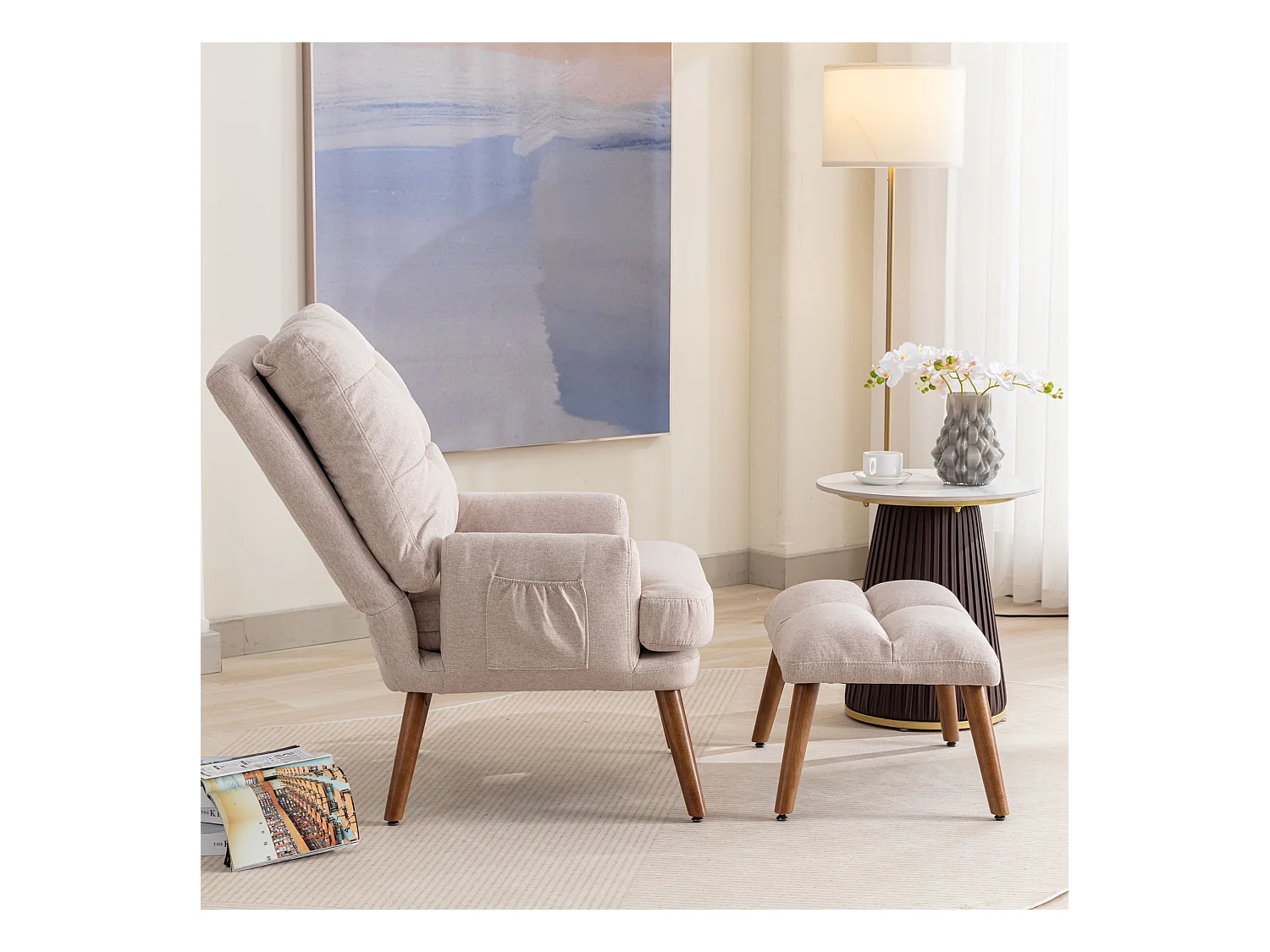 Chaiselongue mit Fußstütze - 60 x 67 x 96,5 cm - verstellbare Rückenlehne - Liegefunktion - Massivholz - Beige