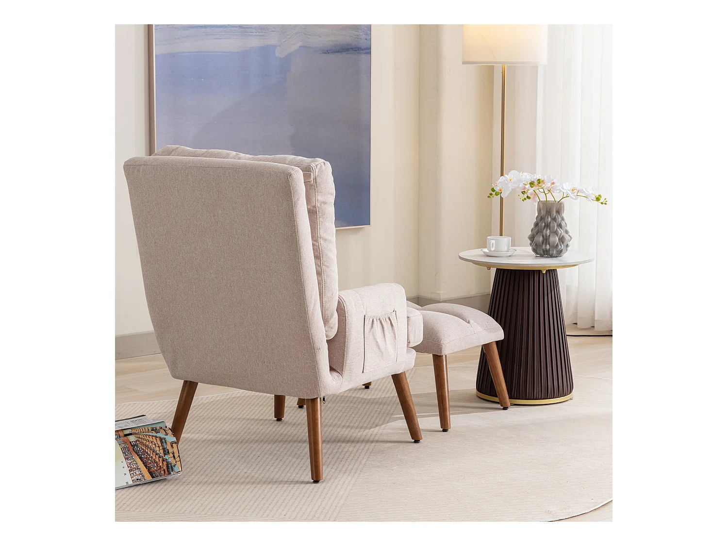 Chaiselongue mit Fußstütze - 60 x 67 x 96,5 cm - verstellbare Rückenlehne - Liegefunktion - Massivholz - Beige