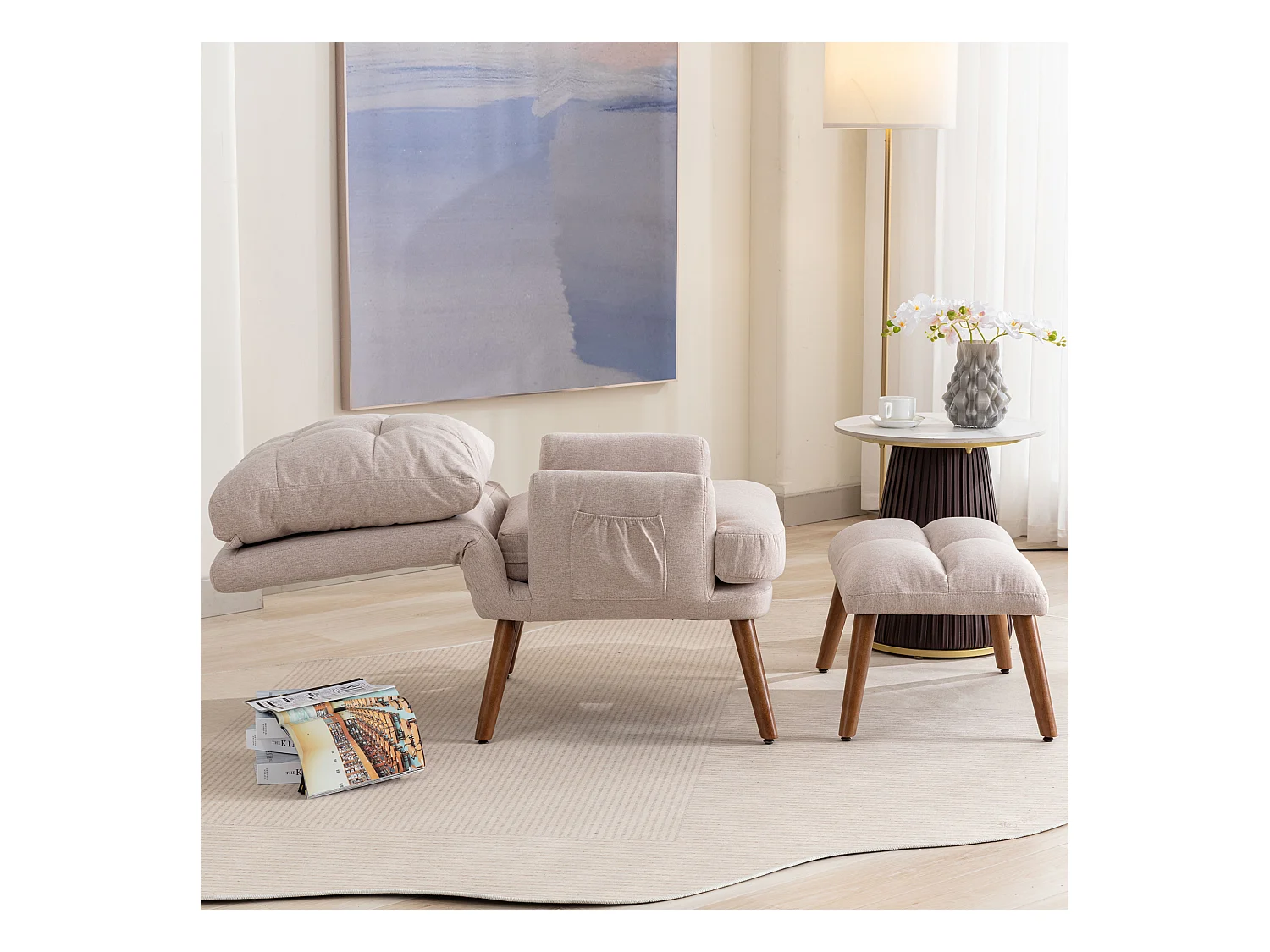 Chaiselongue mit Fußstütze - 60 x 67 x 96,5 cm - verstellbare Rückenlehne - Liegefunktion - Massivholz - Beige