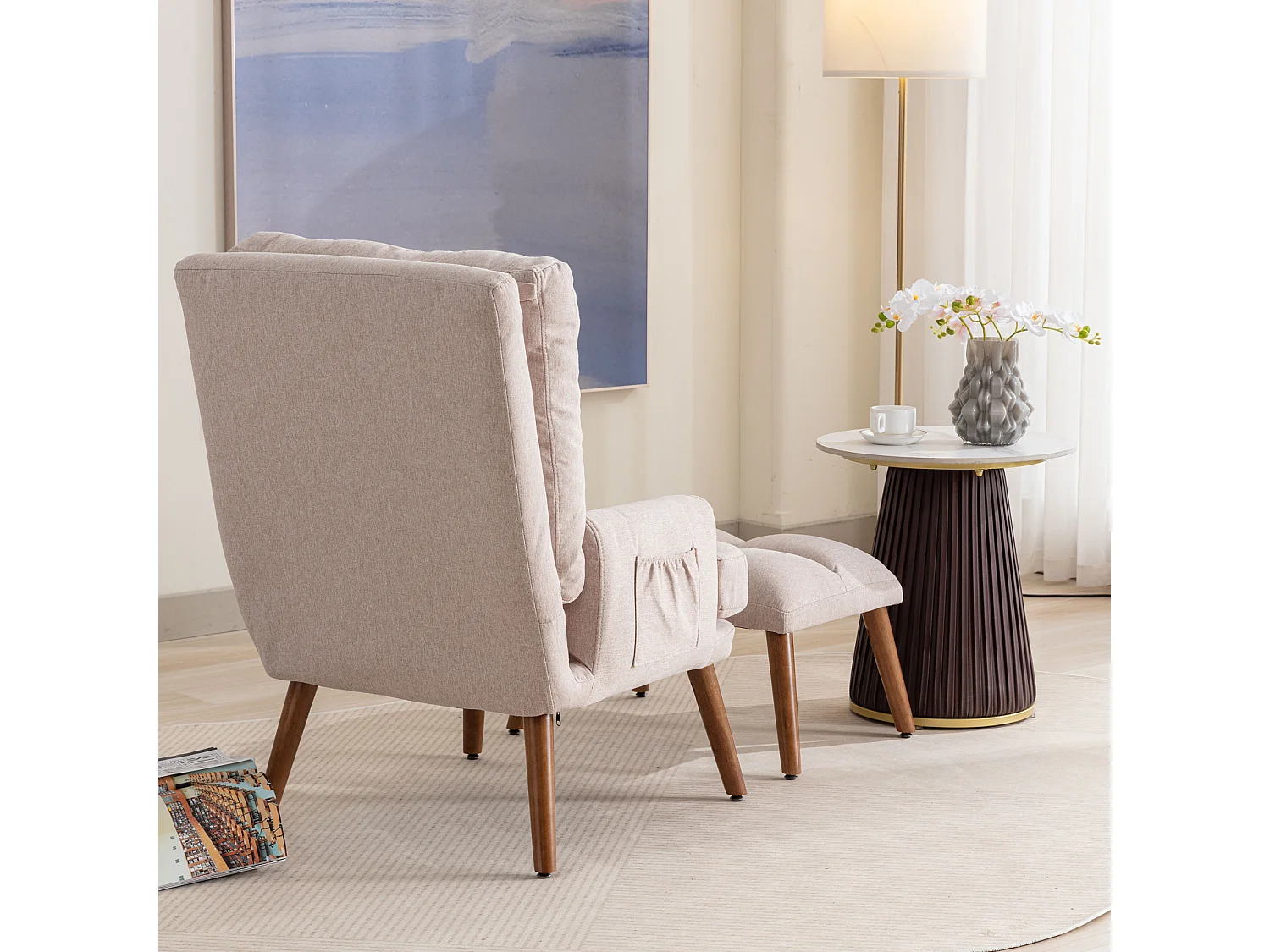 Chaise longue avec repose-pieds - 60 x 67 x 96.5 cm - dossier réglable - inclinable - Bois massif - beige