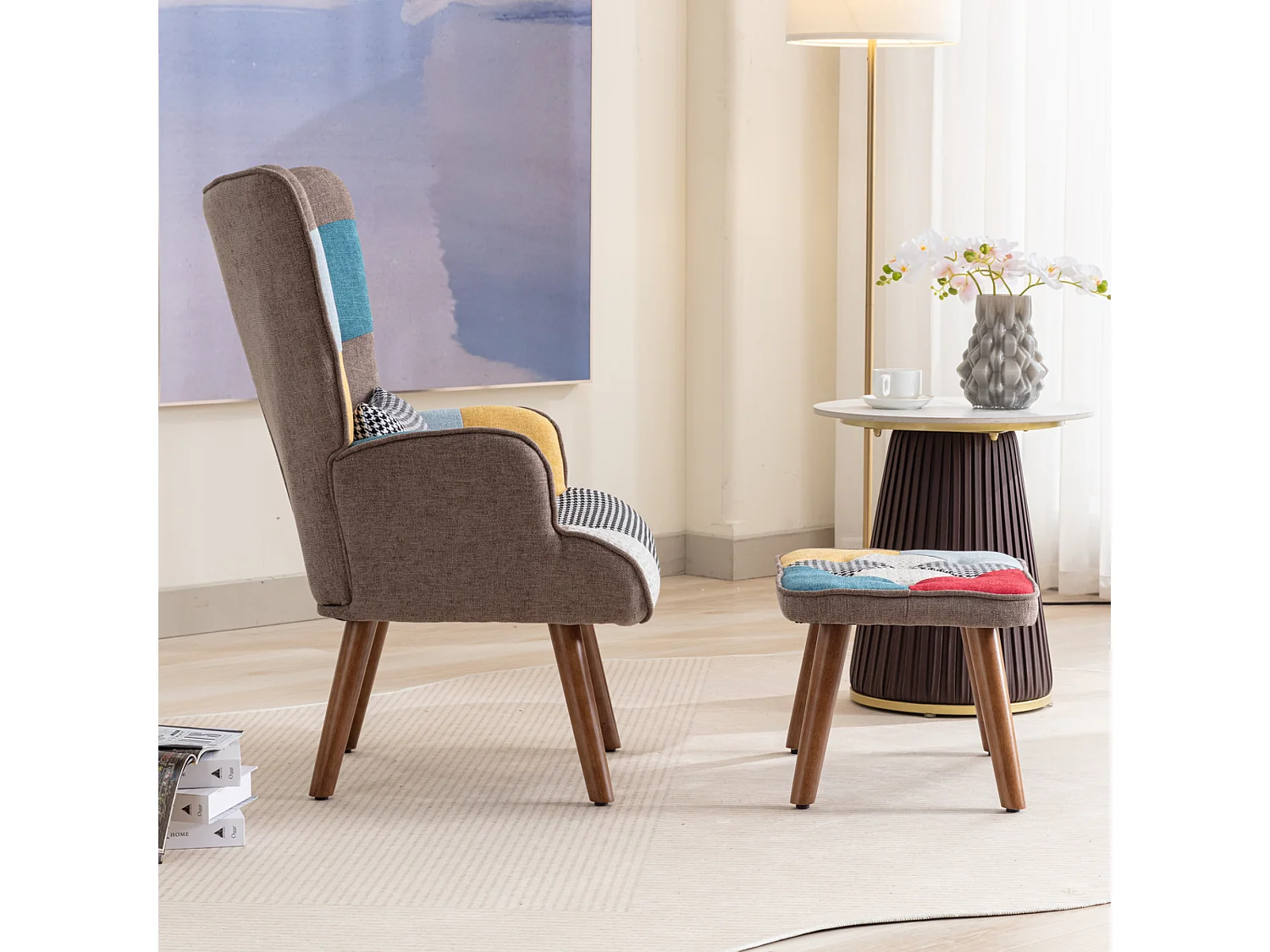 Chaise longue com apoio para os pés - 69 x 51 x 95,5 cm - com encosto e almofada - Multicolorido