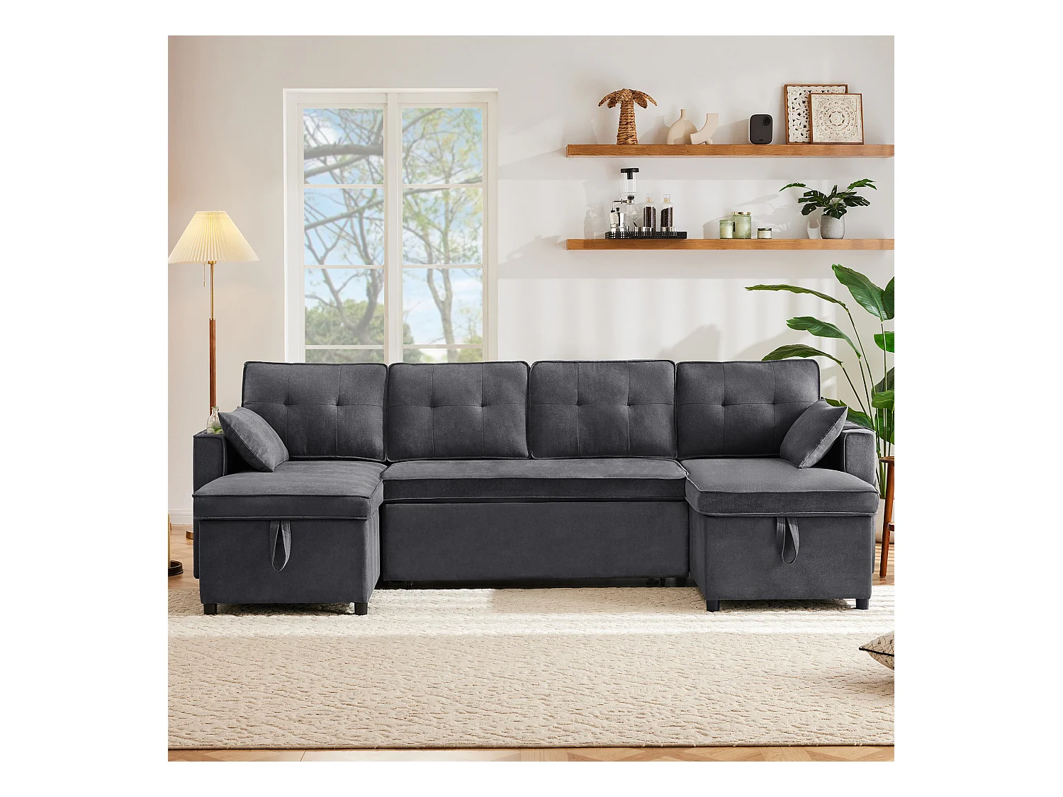 U-vormige slaapbank - 270 x 130 x 86 cm - 4 plaatsen - met bekerhouder + opbergruimte - katoen + linnen - grijs