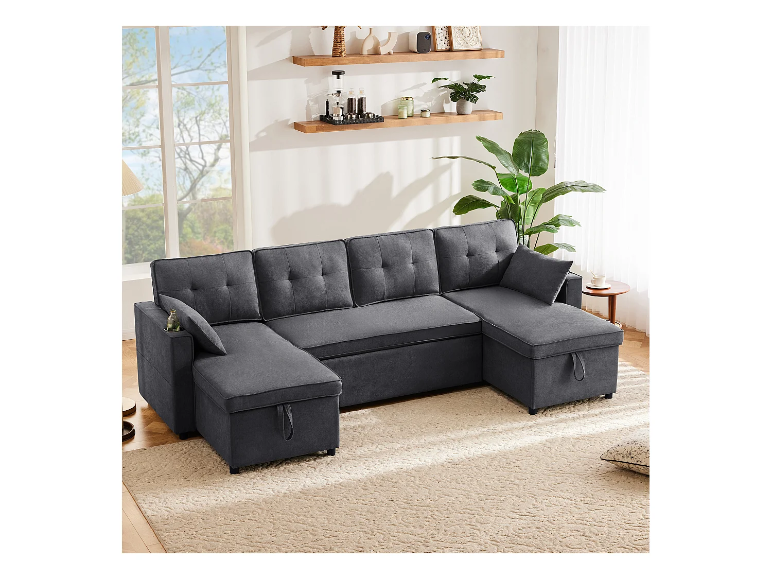 U-vormige slaapbank - 270 x 130 x 86 cm - 4 plaatsen - met bekerhouder + opbergruimte - katoen + linnen - grijs