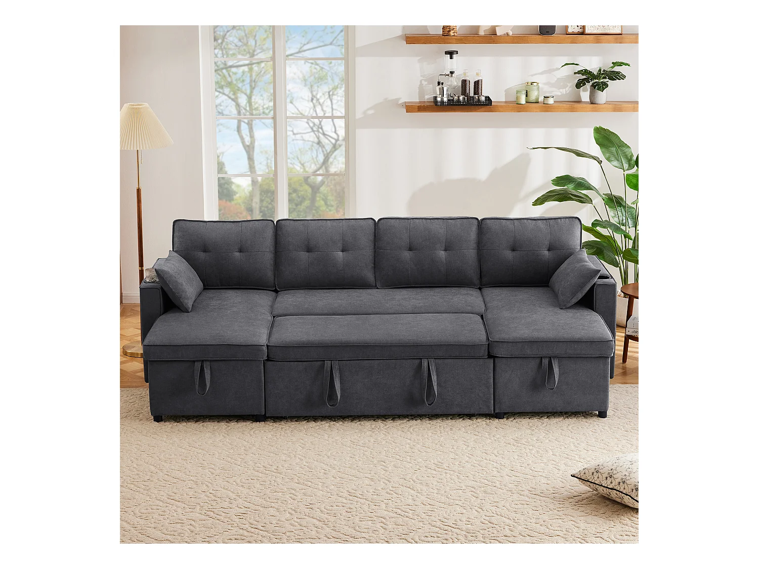 U-vormige slaapbank - 270 x 130 x 86 cm - 4 plaatsen - met bekerhouder + opbergruimte - katoen + linnen - grijs