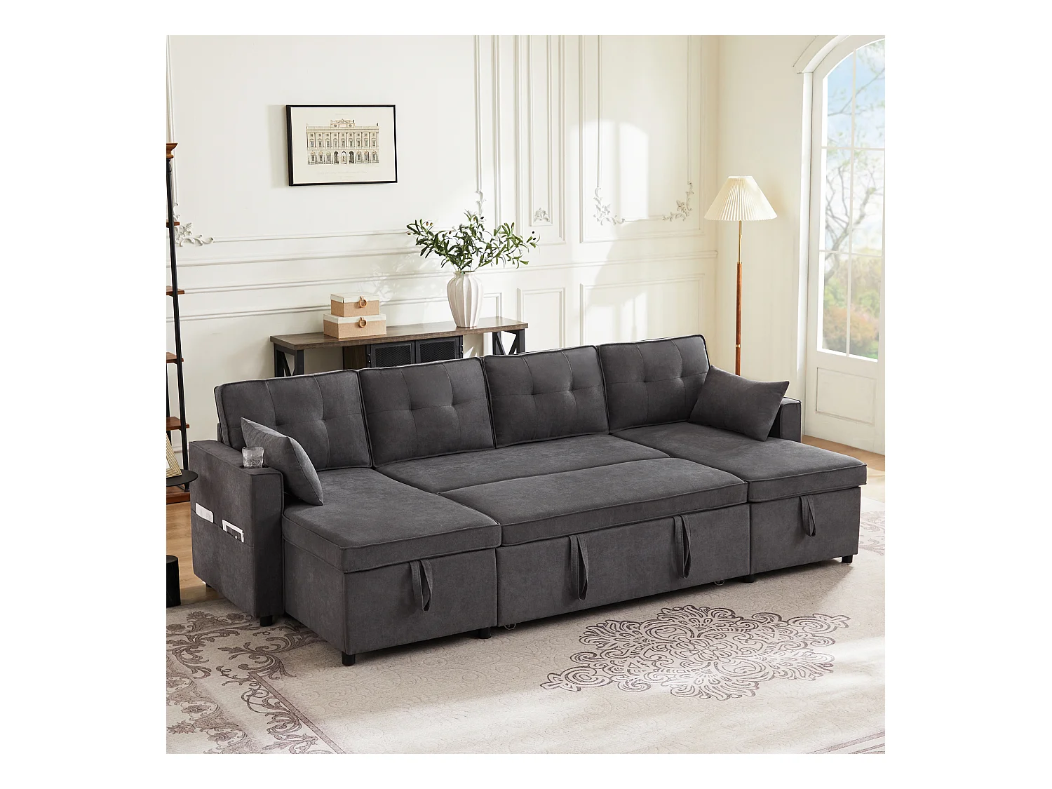 U-vormige slaapbank - 270 x 130 x 86 cm - 4 plaatsen - met bekerhouder + opbergruimte - katoen + linnen - grijs