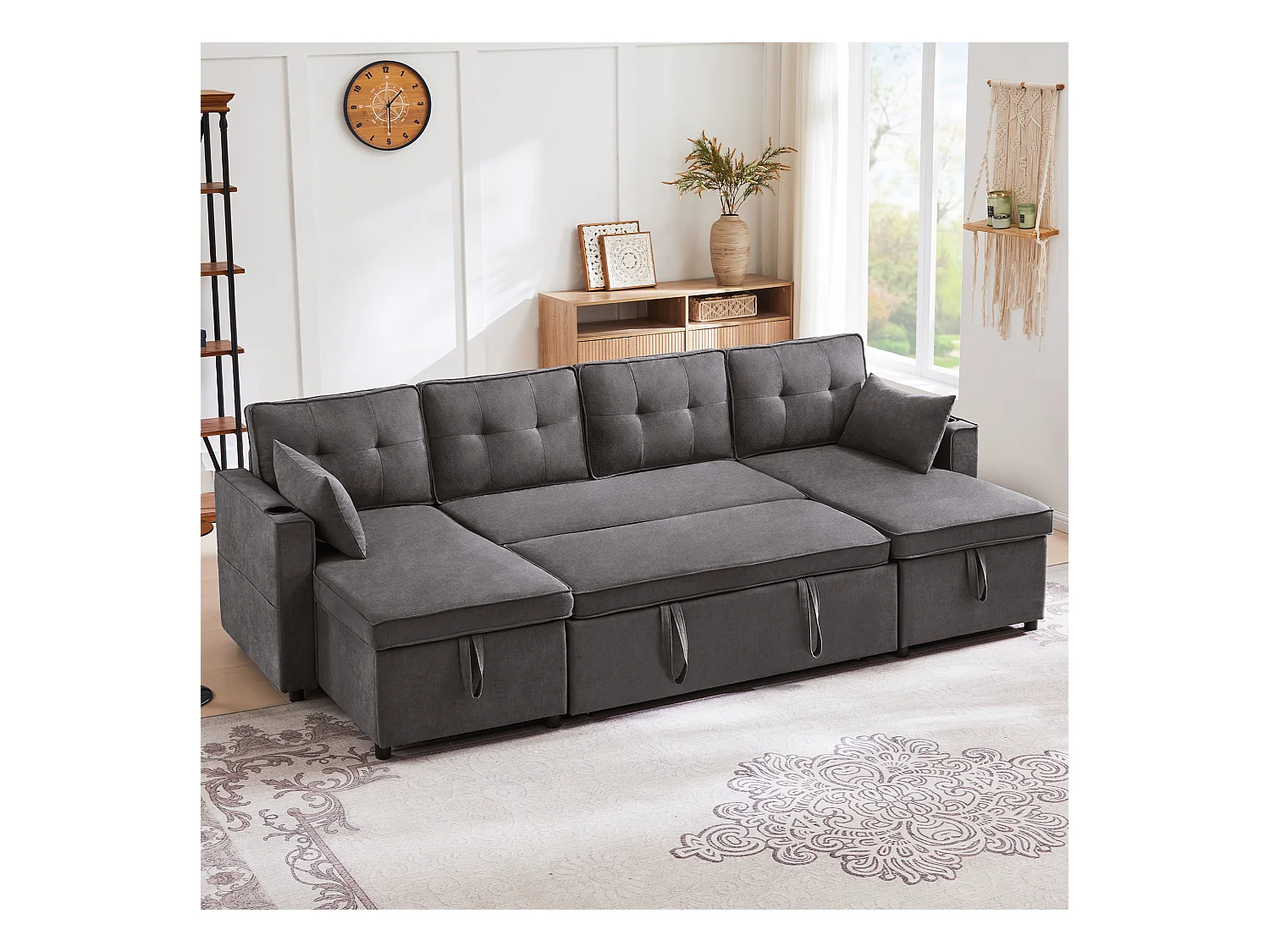 U-vormige slaapbank - 270 x 130 x 86 cm - 4 plaatsen - met bekerhouder + opbergruimte - katoen + linnen - grijs