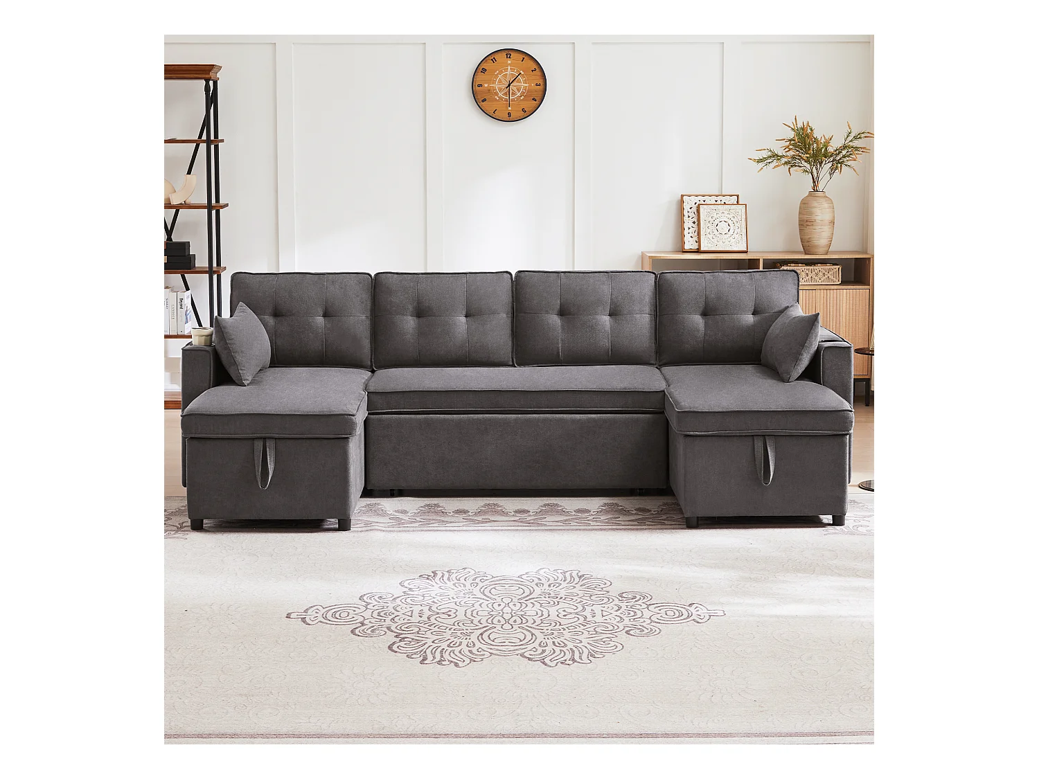 U-vormige slaapbank - 270 x 130 x 86 cm - 4 plaatsen - met bekerhouder + opbergruimte - katoen + linnen - grijs