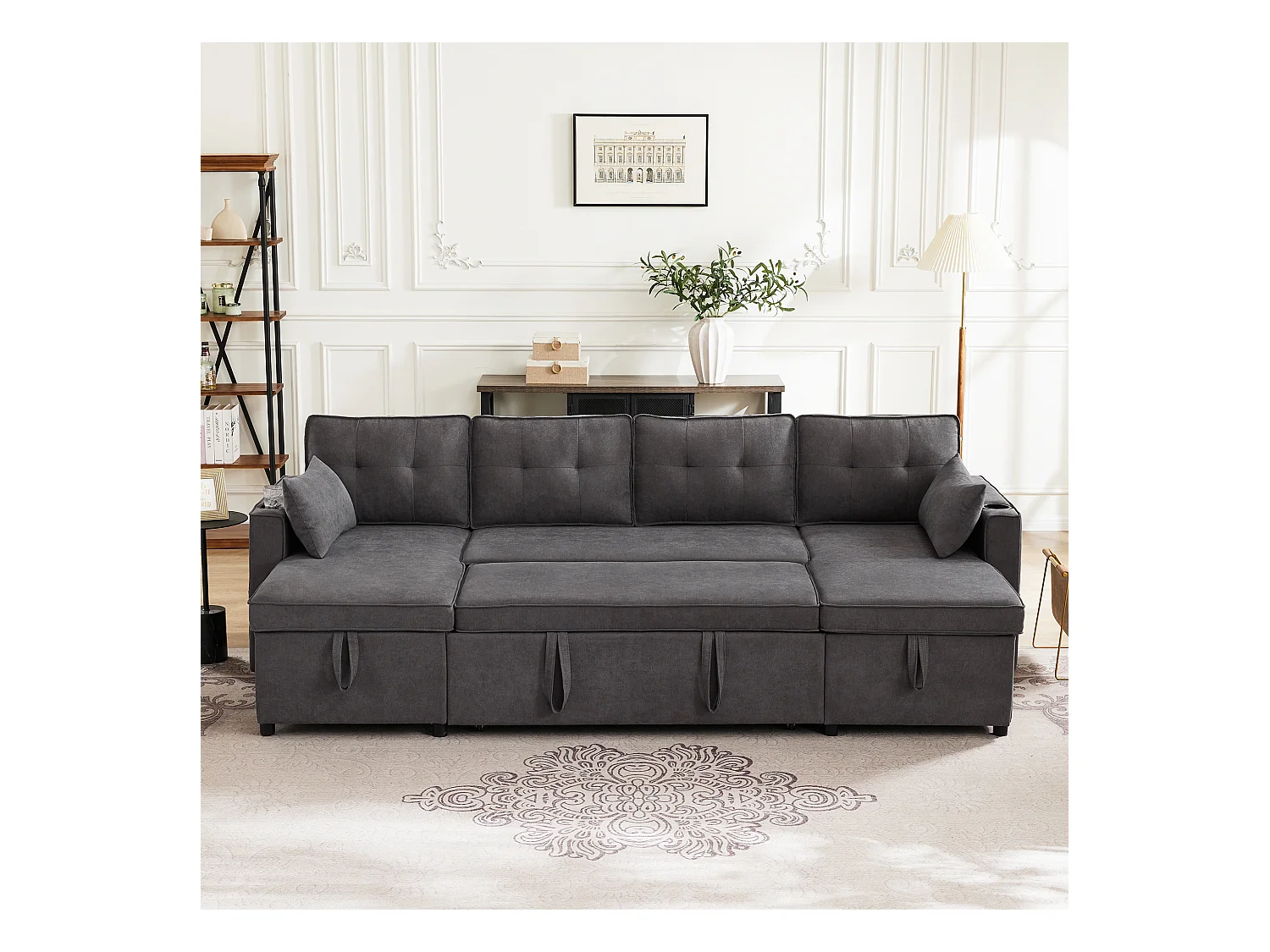 U-vormige slaapbank - 270 x 130 x 86 cm - 4 plaatsen - met bekerhouder + opbergruimte - katoen + linnen - grijs