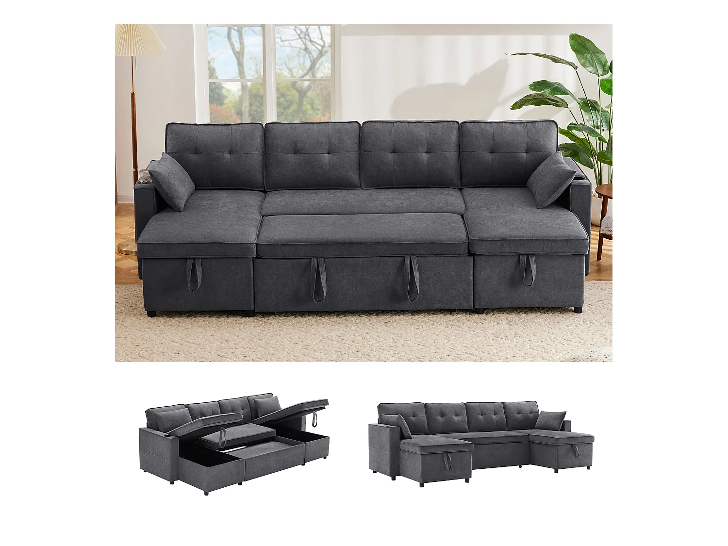 U-förmiges Schlafsofa - 270 x 130 x 86 cm - 4 Plätze - mit Getränkehalter + Stauraum - Baumwolle + Leinen - grau