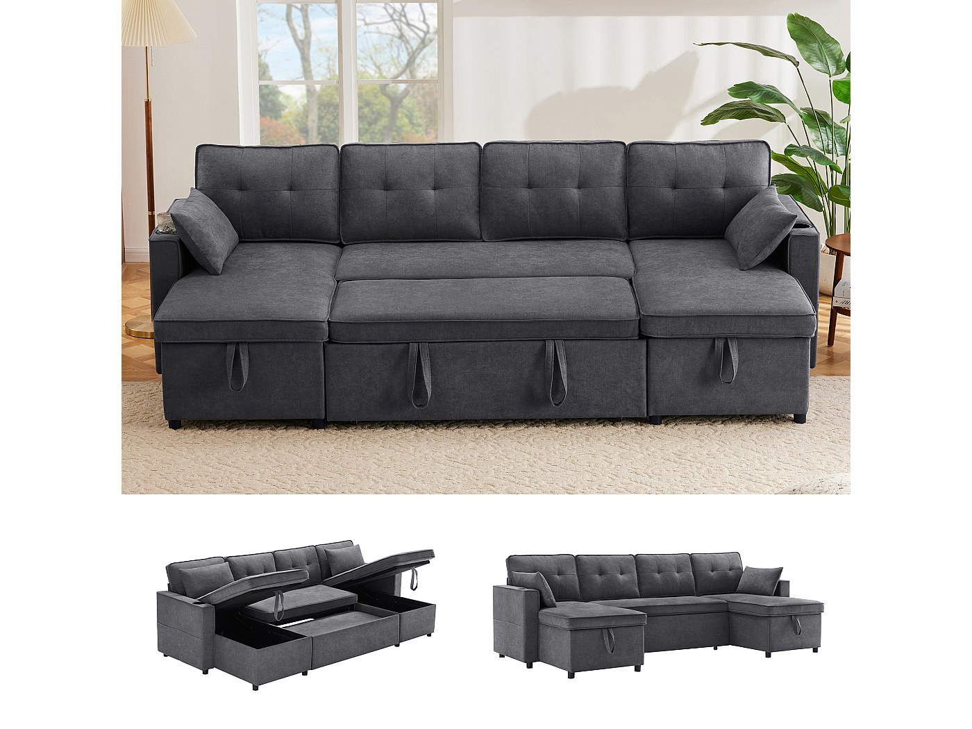 Canapé 3 Places Convertible En L Avec Rangement - Gris Lin - Fonction Couchage Et Porte-gobelets - 9