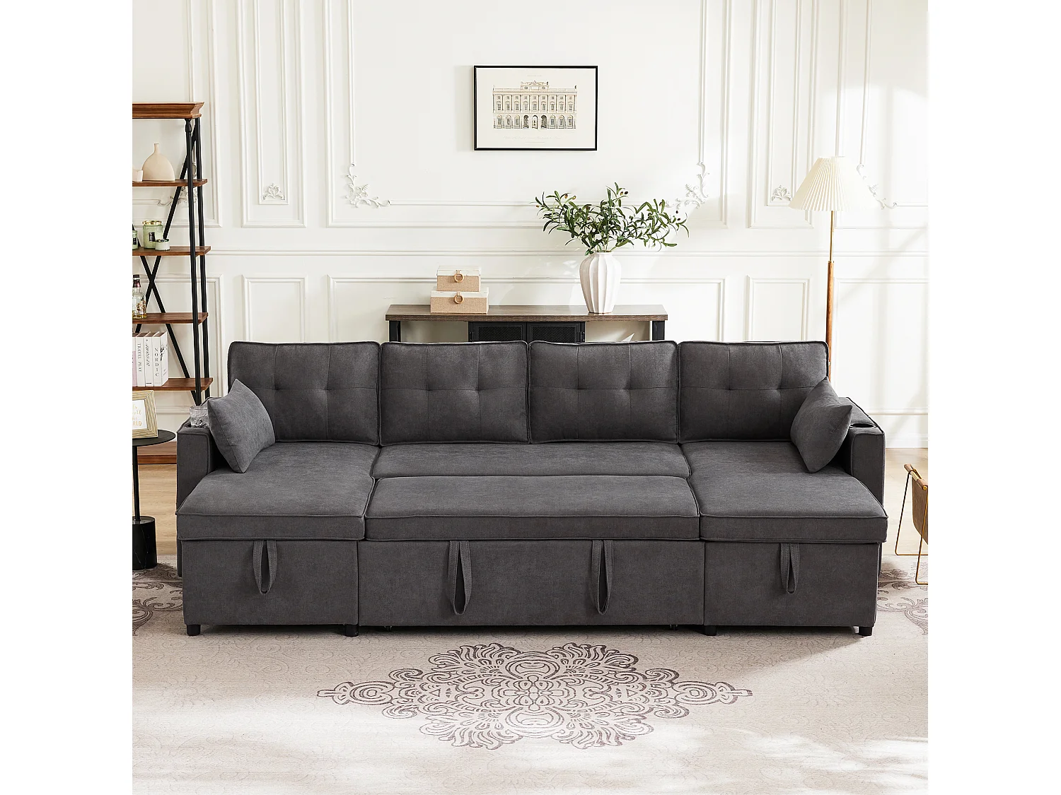 U-förmiges Schlafsofa - 270 x 130 x 86 cm - 4 Plätze - mit Getränkehalter + Stauraum - Baumwolle + Leinen - grau
