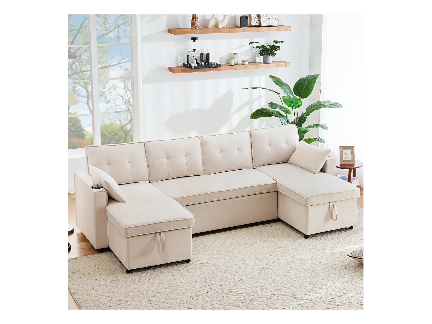 Canapé-lit en U convertible - 270 x 130 x 86 cm - 4 places - avec porte-gobelet + rangements - coton + lin - beige