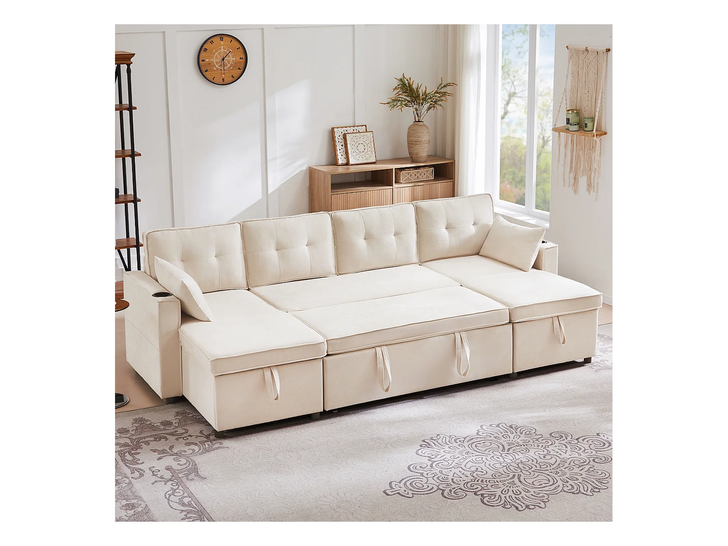 Canapé-lit en U convertible - 270 x 130 x 86 cm - 4 places - avec porte-gobelet + rangements - coton + lin - beige