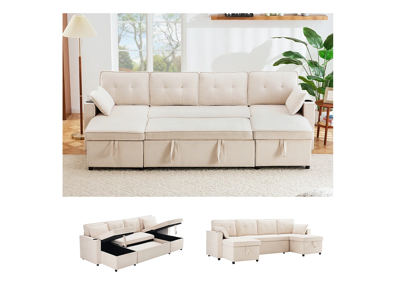 U-förmiges Schlafsofa – 270 x 130 x 86 cm – 4 Plätze – mit Getränkehalter + Stauraum – Baumwolle + Leinen – Beige