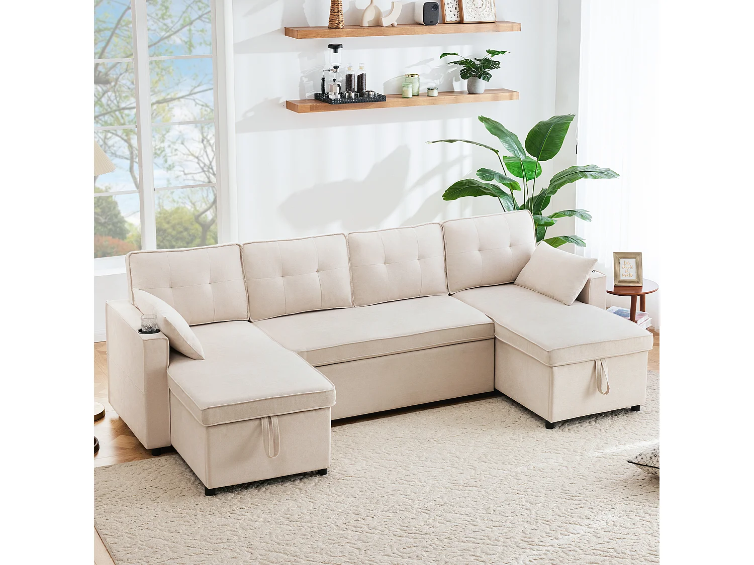 U-vormige slaapbank - 270 x 130 x 86 cm - 4 plaatsen - met bekerhouder + opbergruimte - katoen + linnen - beige