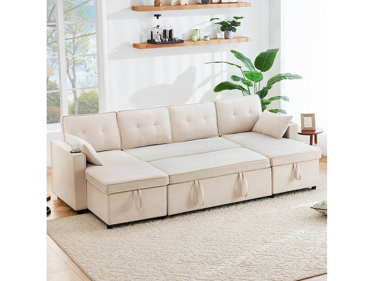 U-vormige slaapbank - 270 x 130 x 86 cm - 4 plaatsen - met bekerhouder + opbergruimte - katoen + linnen - beige