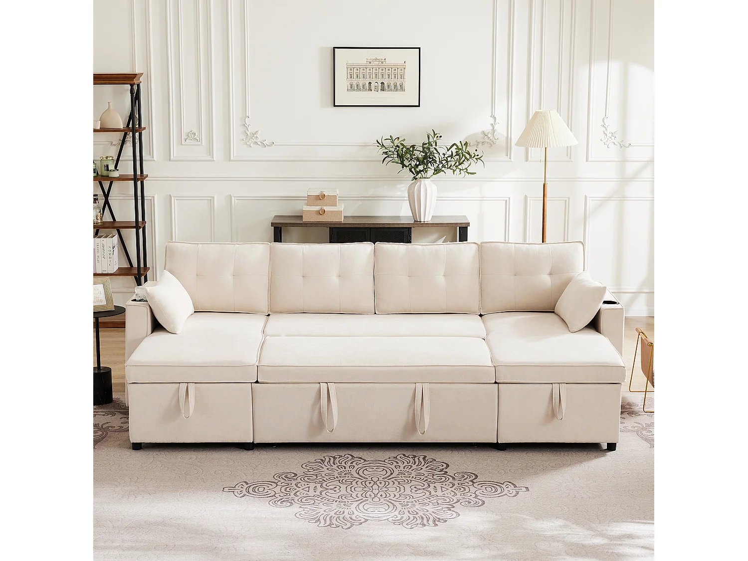 U-vormige slaapbank - 270 x 130 x 86 cm - 4 plaatsen - met bekerhouder + opbergruimte - katoen + linnen - beige