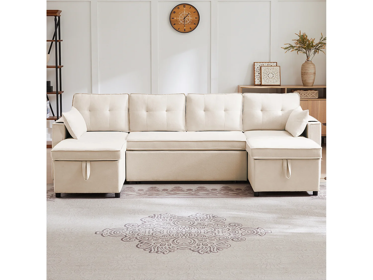 U-vormige slaapbank - 270 x 130 x 86 cm - 4 plaatsen - met bekerhouder + opbergruimte - katoen + linnen - beige