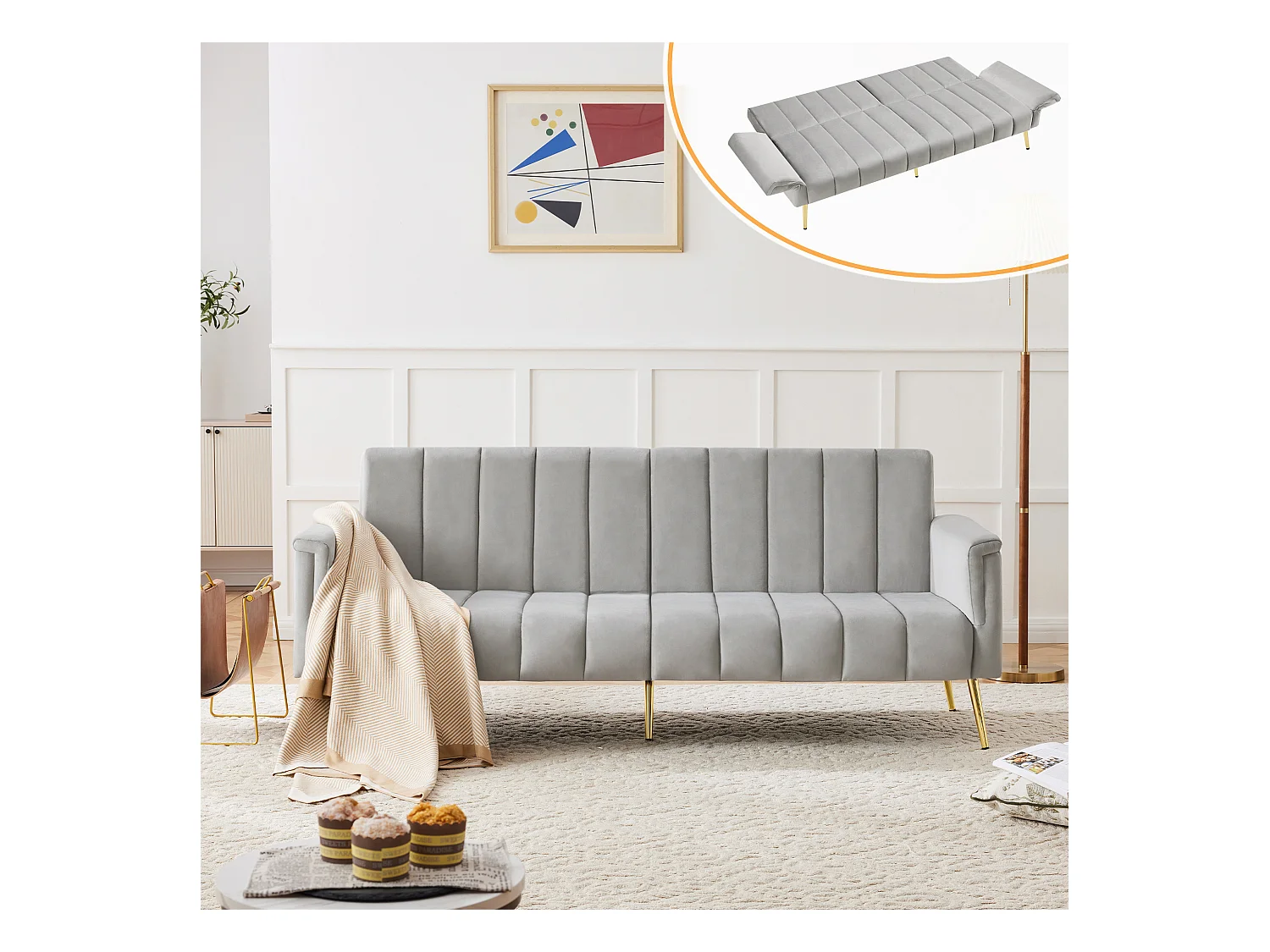 Modernes Klappsofa - 183 x 76 x 75 cm - mit Zusatzbeinen + Schlaffunktion - Samt - Grau