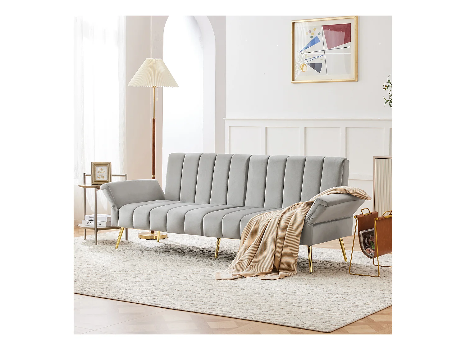 Sofá cama plegable moderno - 183 x 76 x 75 cm - con patas auxiliares + función cama - terciopelo - gris