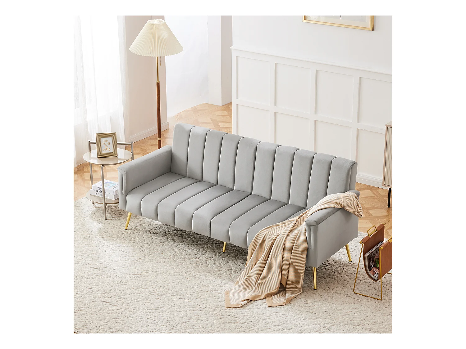 Sofá cama plegable moderno - 183 x 76 x 75 cm - con patas auxiliares + función cama - terciopelo - gris