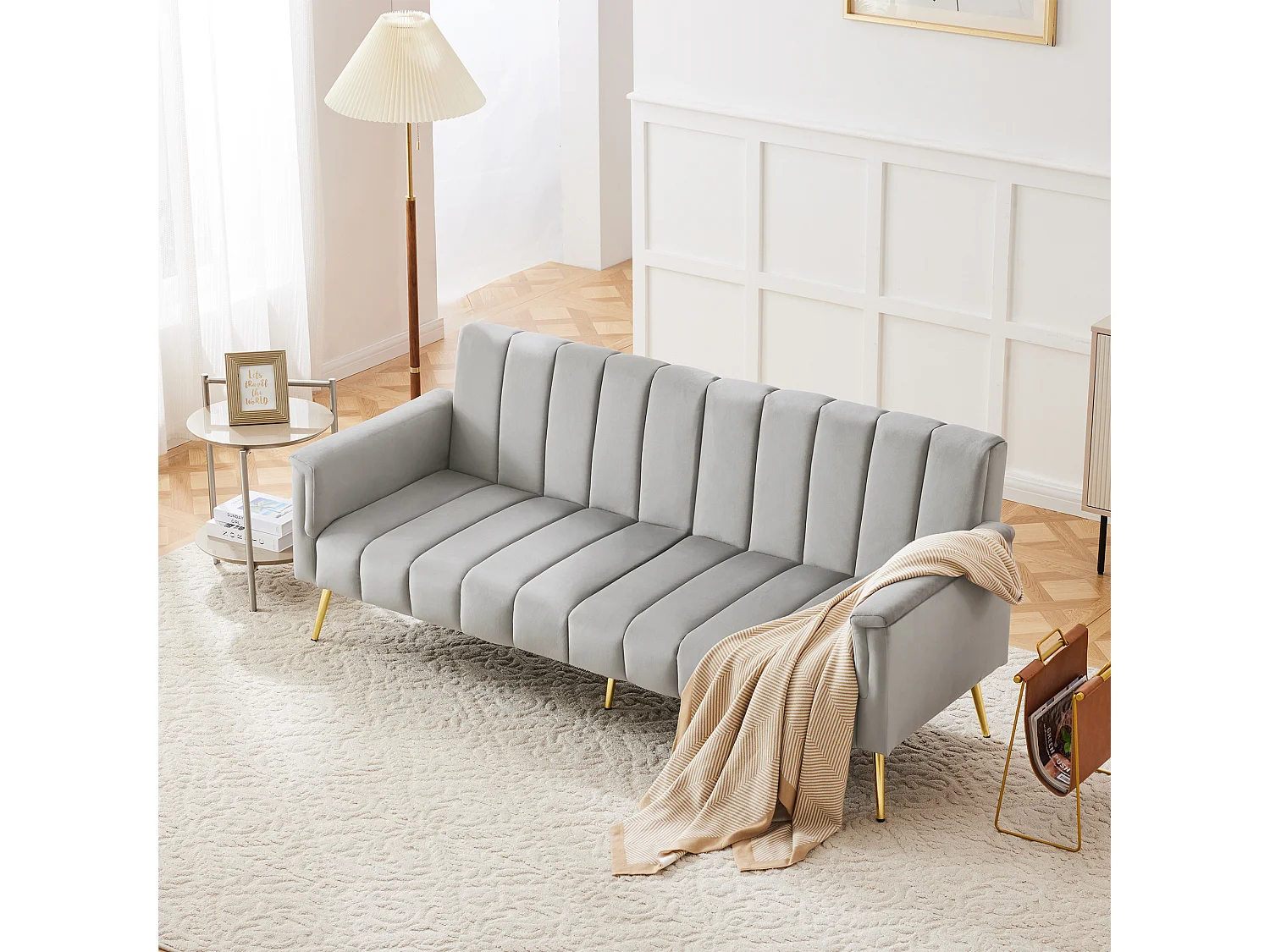 Divano letto pieghevole moderno - 183 x 76 x 75 cm - con gambe ausiliarie + funzione letto - velluto - grigio
