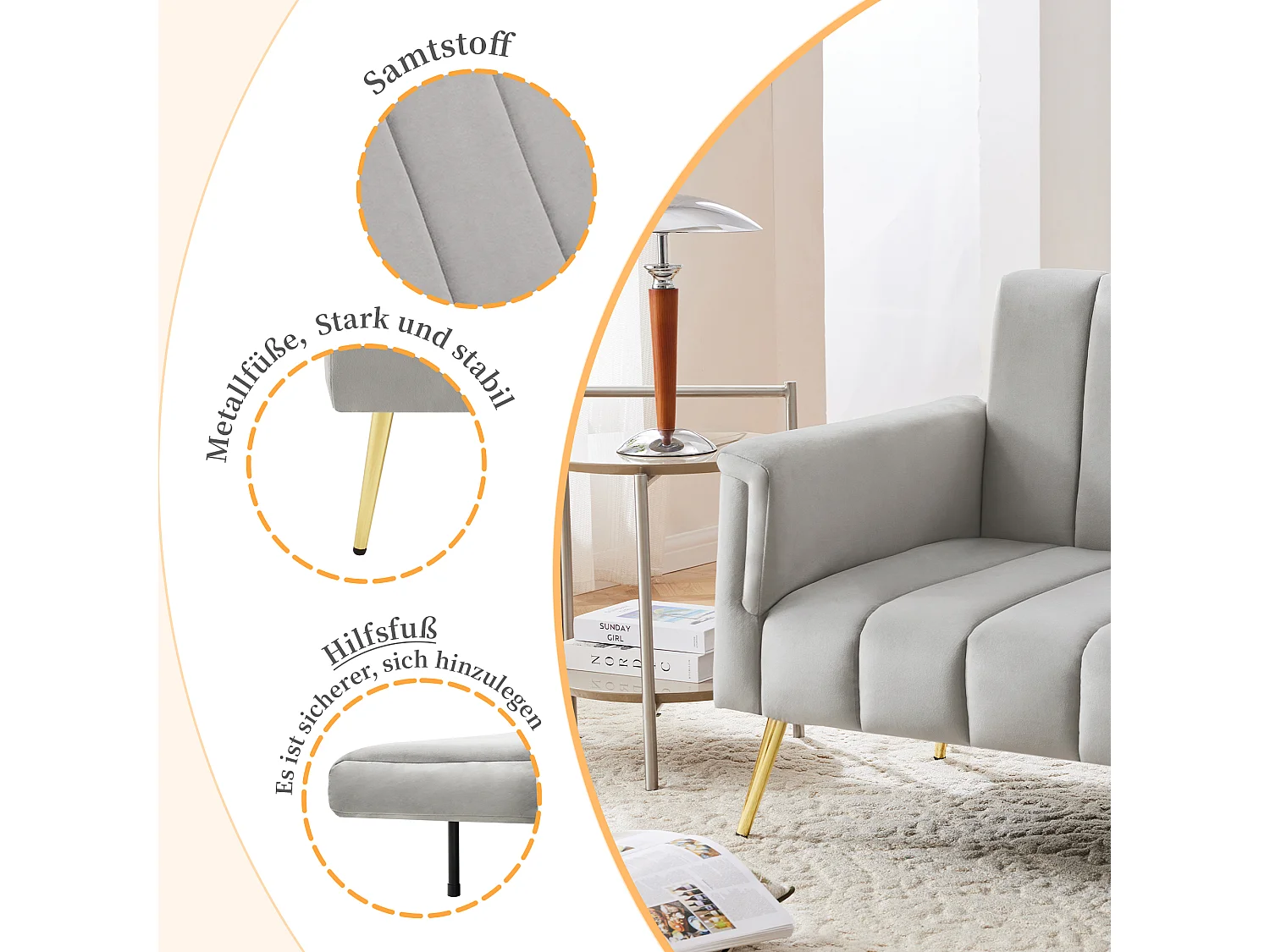 Divano letto pieghevole moderno - 183 x 76 x 75 cm - con gambe ausiliarie + funzione letto - velluto - grigio