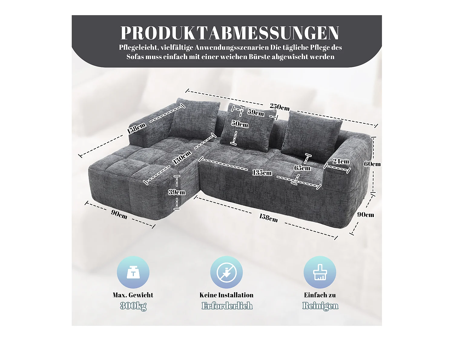 Canapé en L 3 places - 250 x 158 x 60 cm - avec méridienne + accoudoirs + 3 coussins - Chenille - gris