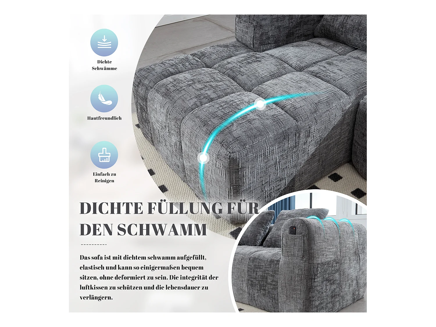 Canapé en L 3 places - 250 x 158 x 60 cm - avec méridienne + accoudoirs + 3 coussins - Chenille - gris
