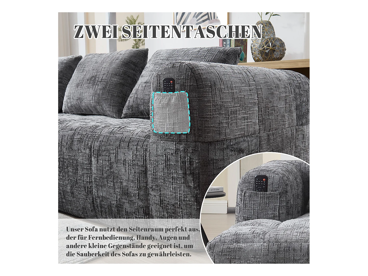Canapé en L 3 places - 250 x 158 x 60 cm - avec méridienne + accoudoirs + 3 coussins - Chenille - gris