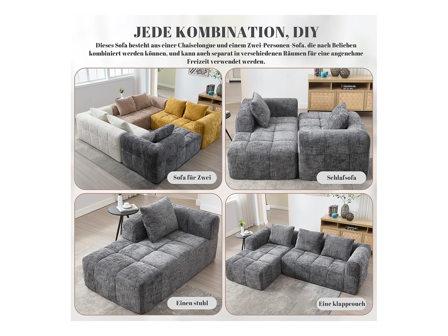 Canapé en L 3 places - 250 x 158 x 60 cm - avec méridienne + accoudoirs + 3 coussins - Chenille - gris
