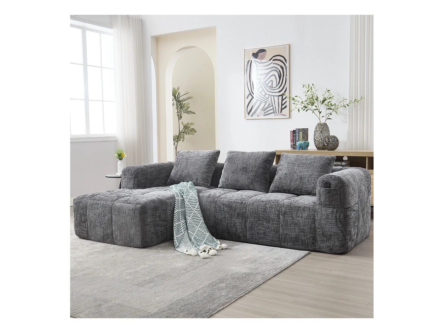 Canapé en L 3 places - 250 x 158 x 60 cm - avec méridienne + accoudoirs + 3 coussins - Chenille - gris