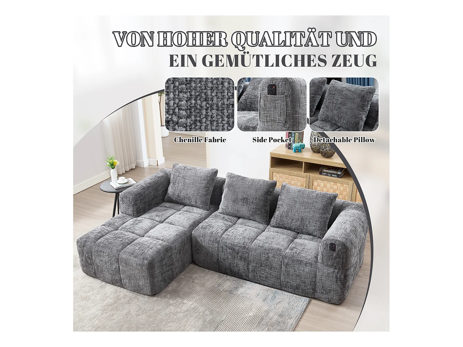 Canapé en L 3 places - 250 x 158 x 60 cm - avec méridienne + accoudoirs + 3 coussins - Chenille - gris