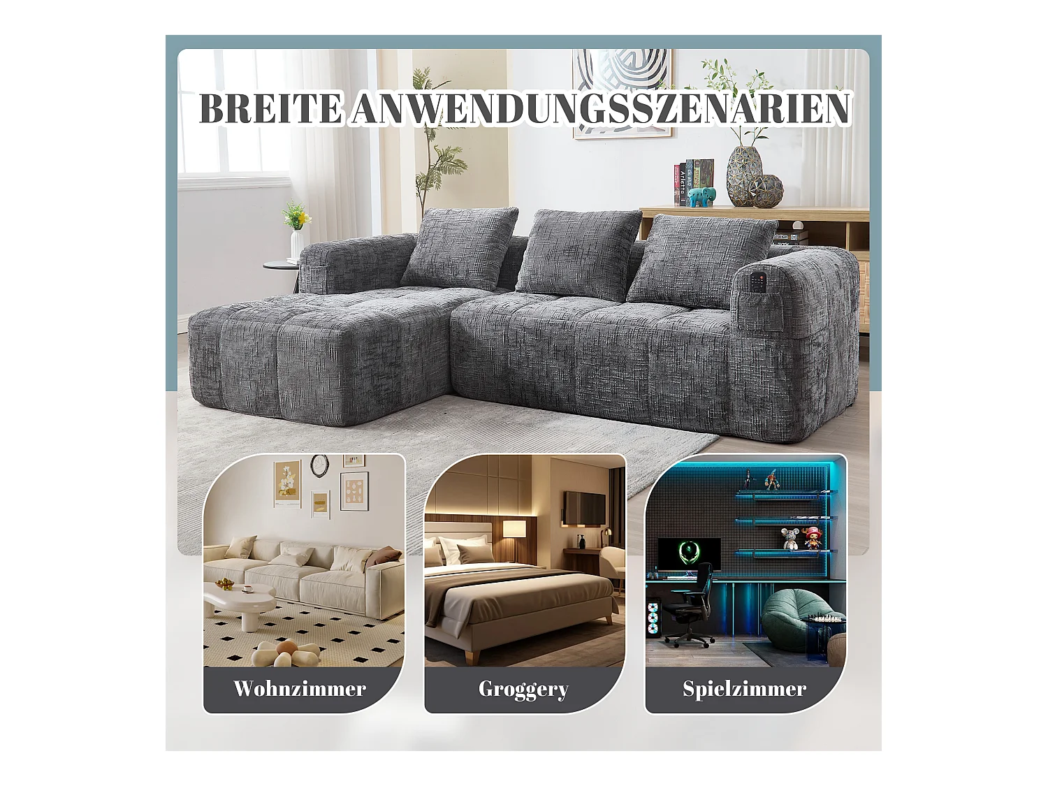 Canapé en L 3 places - 250 x 158 x 60 cm - avec méridienne + accoudoirs + 3 coussins - Chenille - gris